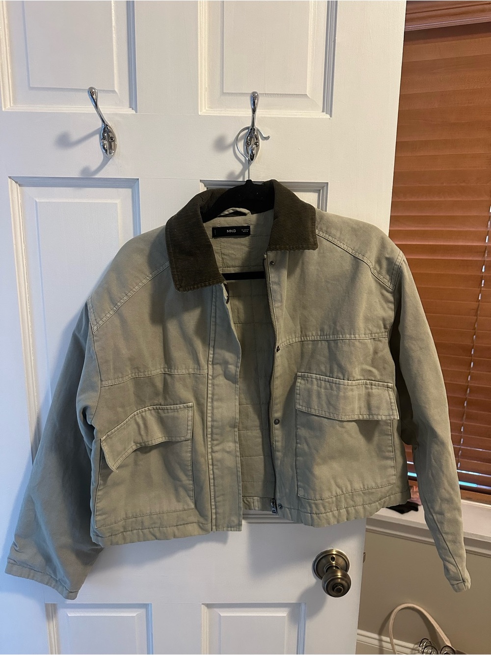 Mango Olive Green Cropped Utility Jacket with Dark Brown Corduroy Collar